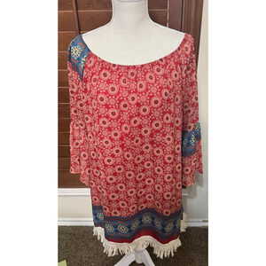 Compass Boho Dress Off shoulder Mini fringe trim red sz M Western cowgirl